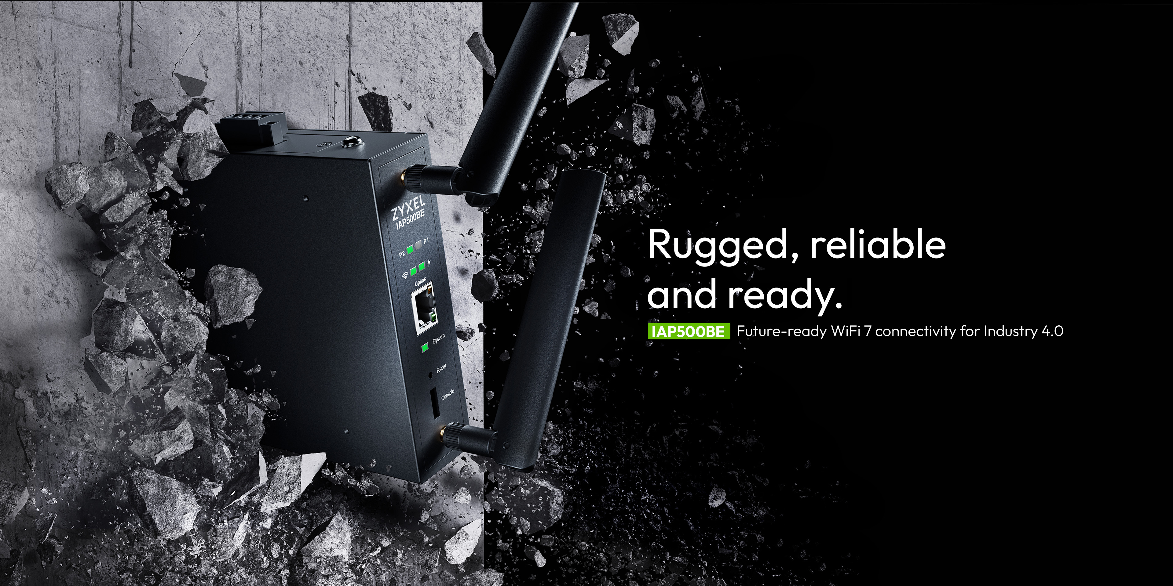 An industrial access point standing in a harsh environment, showing its rugged design for reliability.