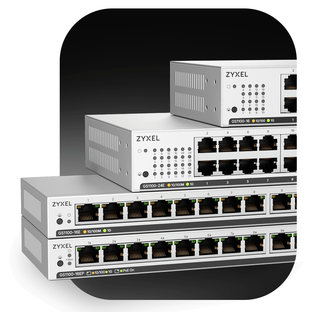 Four Zyxel GS1100 Unmanaged Plus Gigabit Switch Series devices of varying sizes are stacked.