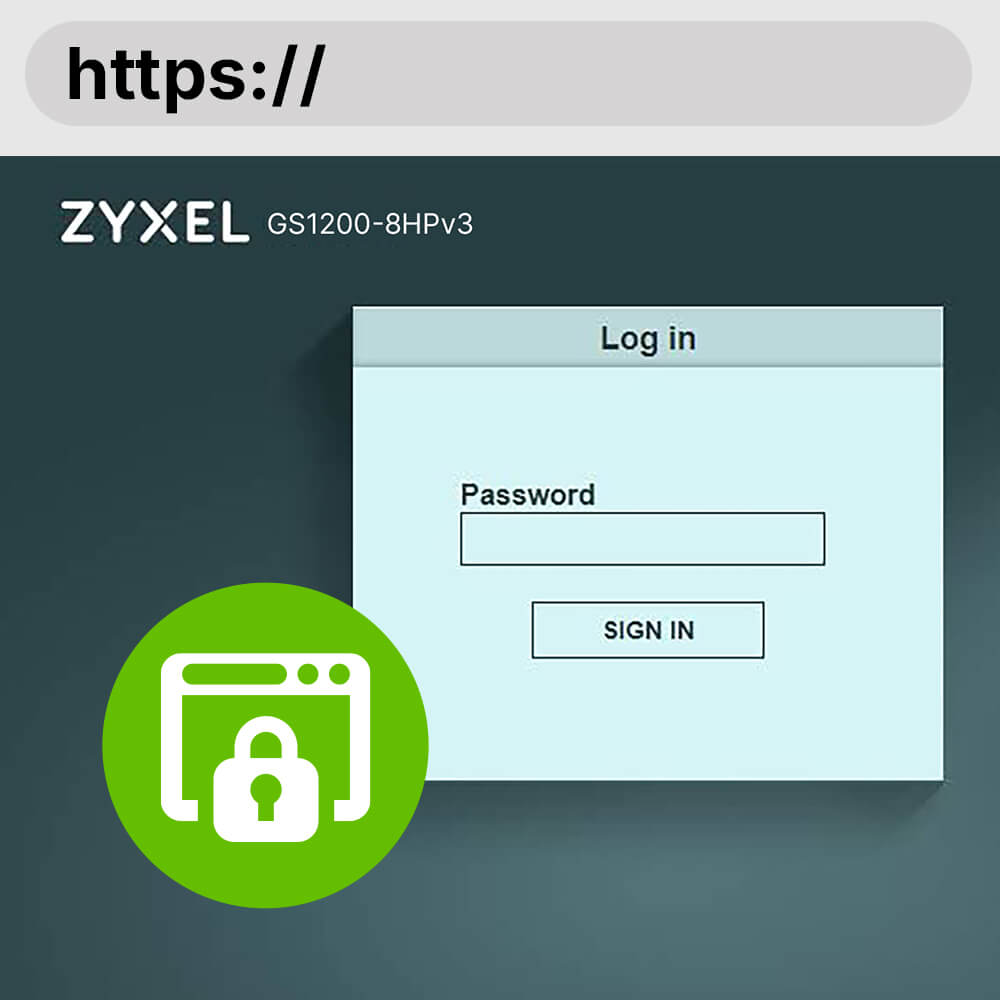 This image depicts Zyxel GbE web managed switch setup demonstrating VLAN for security.