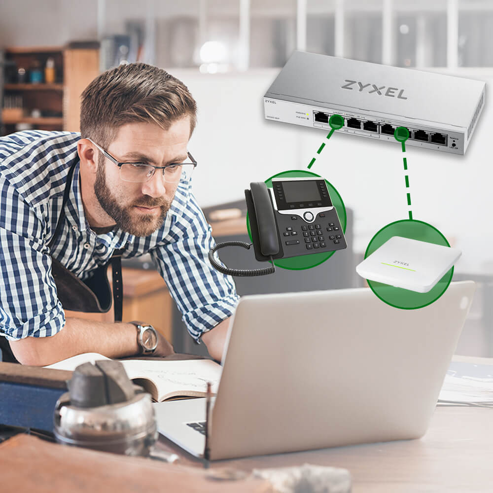 This image depicts Zyxel GbE web managed switch setup demonstrating IGMP snooping for Multicast optimization.
