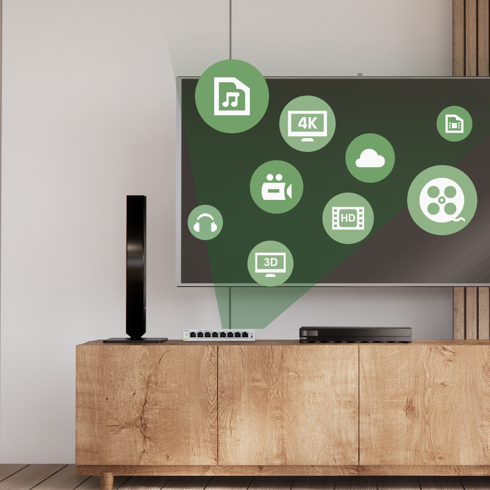 This image depicts Zyxel GbE web managed switch setup demonstrating QoS for Smooth, Delay-Free Experience.