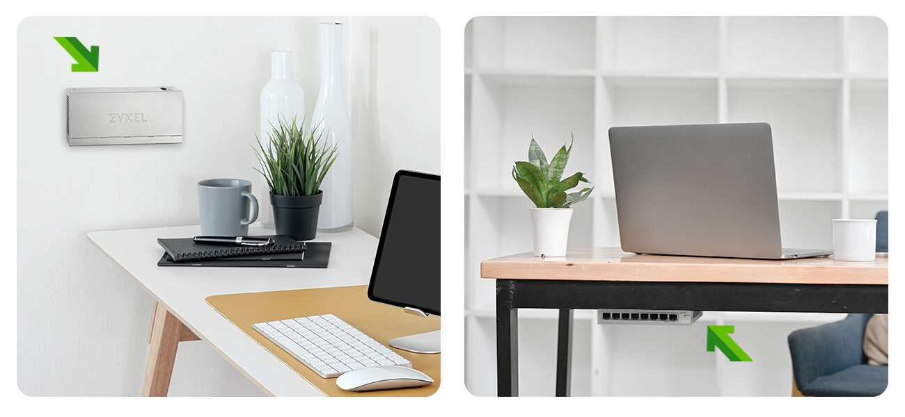 Image showing flexible installation options (wall-mount and under-desk mount) that emphasize the product's Advanced Energy-Savings design.