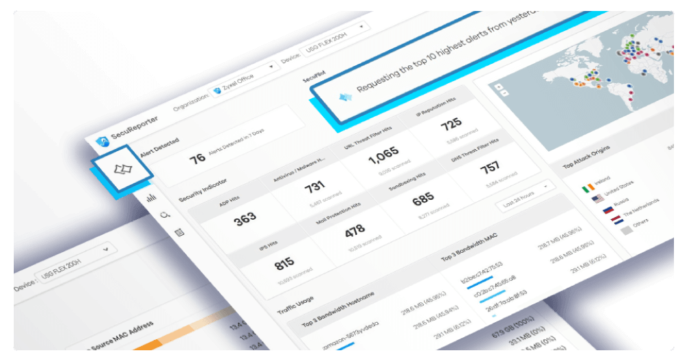 A computer screen displays a dashboard with data tables, statistics, graphs, and a world map showing geographic data points.