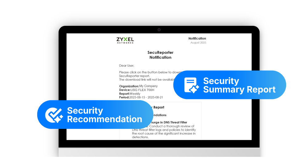 A computer screen displays a SecureReporter notification from Zyxel Networks with overlay buttons labeled Security Summary Report and Security Recommendation.