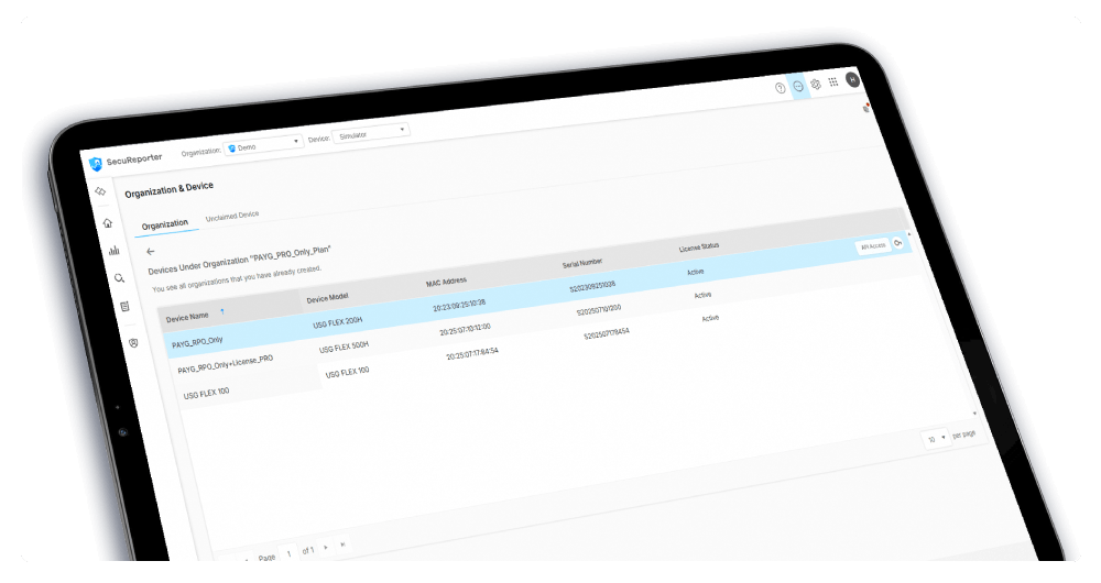 A tablet displays a device management interface showing a list of devices with columns for device name, model, MAC address, serial number, and license status.