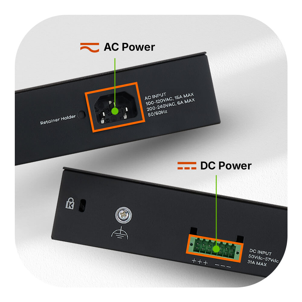 Close-up of two power input options on a device: an AC power input and a DC power input.