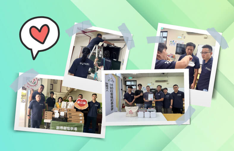 Image collage of people wearing blue shirts with a green background, showcasing Zyxel Networks' commitment to empowering non-profits.