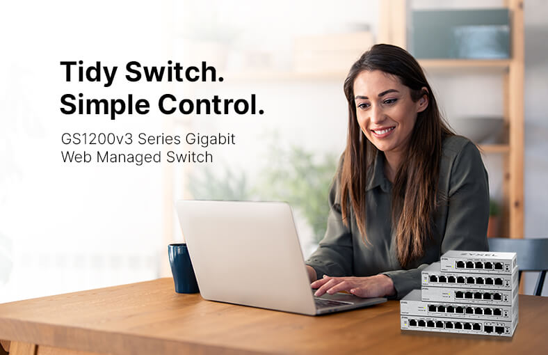 A woman seated at a desk with a laptop, displaying tidy switch, simple Control., emphasizing Zyxel's greener networking solutions.