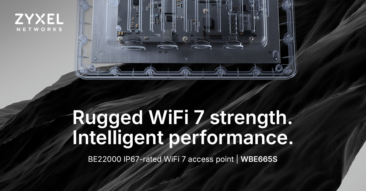 Black and white depiction of a ruggedized WiFi 7 device with the text rugged wifi 7 strength, intelligent performance displayed.