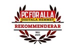 Badge from PC För Alla featuring the text ‘PC FÖR ALLA – DIGITALA HEMMET REKOMMENDERAR – MAJ 2025’, surrounded by a laurel wreath, indicating a product recommendation from the Swedish tech magazine in May 2025.