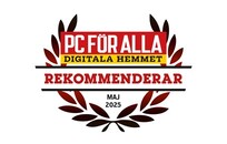 Badge from PC För Alla featuring the text ‘PC FÖR ALLA – DIGITALA HEMMET REKOMMENDERAR – MAJ 2025’, surrounded by a laurel wreath, indicating a product recommendation from the Swedish tech magazine in May 2025.