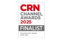  O insignă care indică statutul de finalist în cadrul CRN Channel Awards 2025, prezentând o stea de aur pe un fundal vibrant