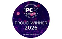 PCR Awards “Proud Winner 2026” badge on a purple sparkle background