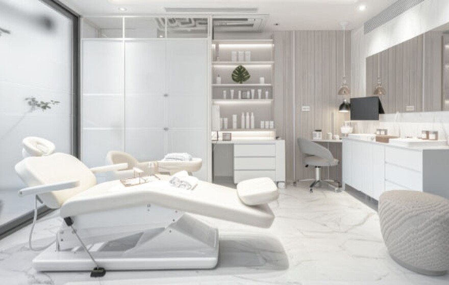 Modern aesthetic clinic room with treatment chairs, clean white decor, and digital workspace promoting Zyxel WiFi 7 for high-speed needs.