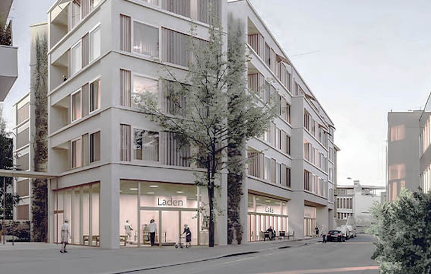 Modern multi-story urban building with white facade, pink awnings, and large windows, featuring people on a city sidewalk.  