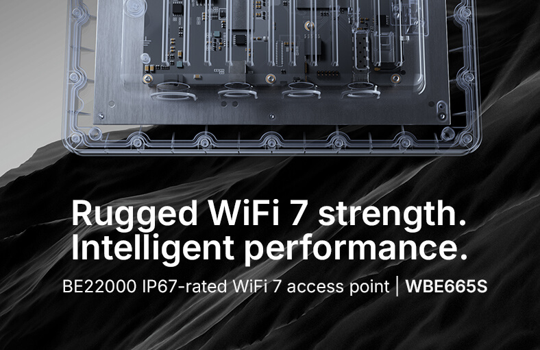 Black and white depiction of a ruggedized WiFi 7 device with the text rugged wifi 7 strength, intelligent performance displayed.