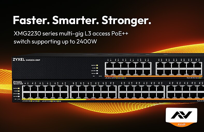 Zyxel switch displayed with faster, smarter, stronger, emphasizing its high-power PoE capabilities for resilient SMB network design.