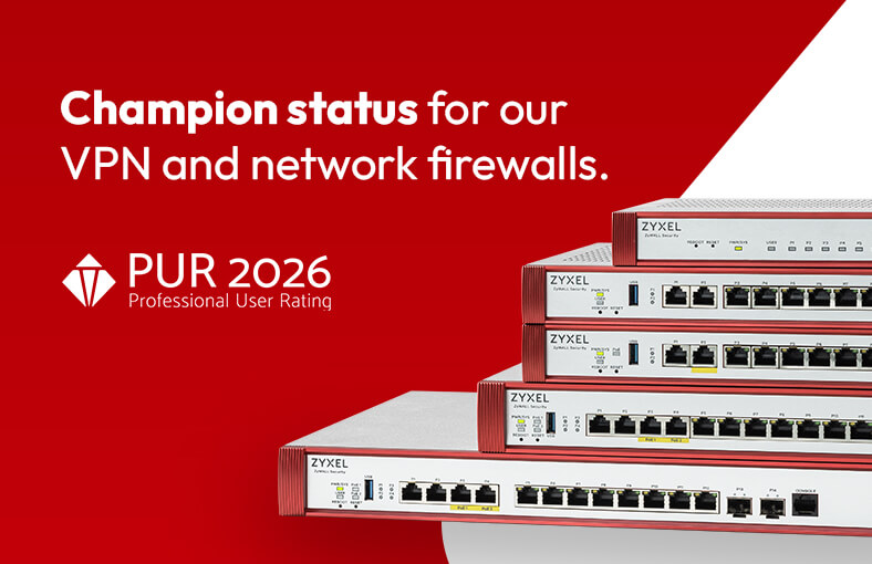 Four network switches with "Champion Status" text, highlighting Zyxel Networks' top ranking in firewalls and VPNs.