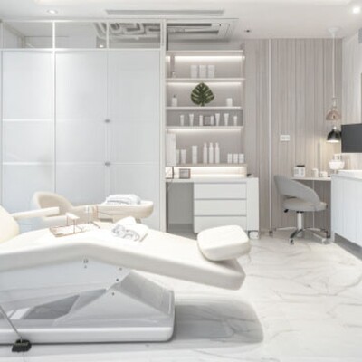 Modern aesthetic clinic room with treatment chairs, clean white decor, and digital workspace promoting Zyxel WiFi 7 for high-speed needs.