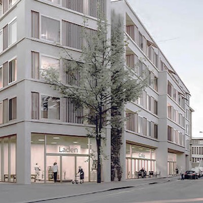 Modern multi-story urban building with white facade, pink awnings, and large windows, featuring people on a city sidewalk.  