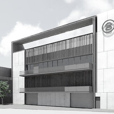 City Burger corporate office building exterior with modern minimalist design, glass windows, vertical slats, and trees.