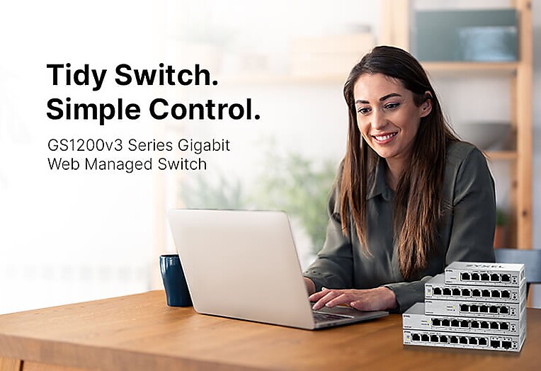 A woman seated at a desk with a laptop, displaying tidy switch, simple Control., emphasizing Zyxel's greener networking solutions.