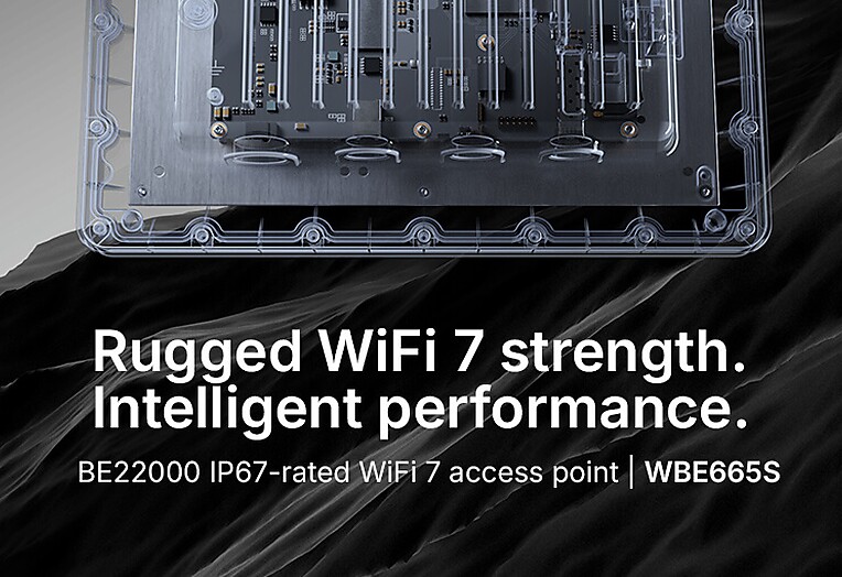 Black and white depiction of a ruggedized WiFi 7 device with the text rugged wifi 7 strength, intelligent performance displayed.
