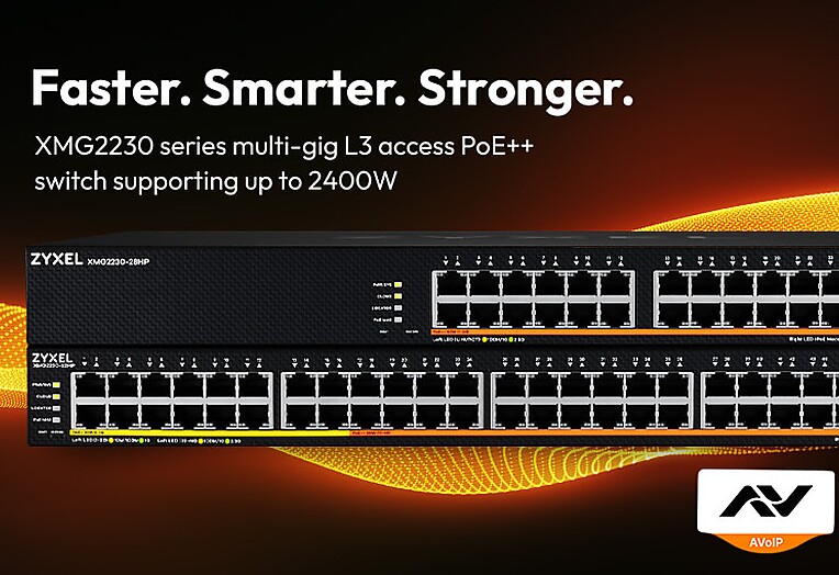 Zyxel switch displayed with faster, smarter, stronger, emphasizing its high-power PoE capabilities for resilient SMB network design.