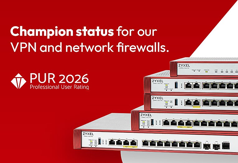 Four network switches with "Champion Status" text, highlighting Zyxel Networks' top ranking in firewalls and VPNs.
