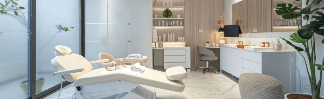 Modern aesthetic clinic room with treatment chairs, clean white decor, and digital workspace promoting Zyxel WiFi 7 for high-speed needs.