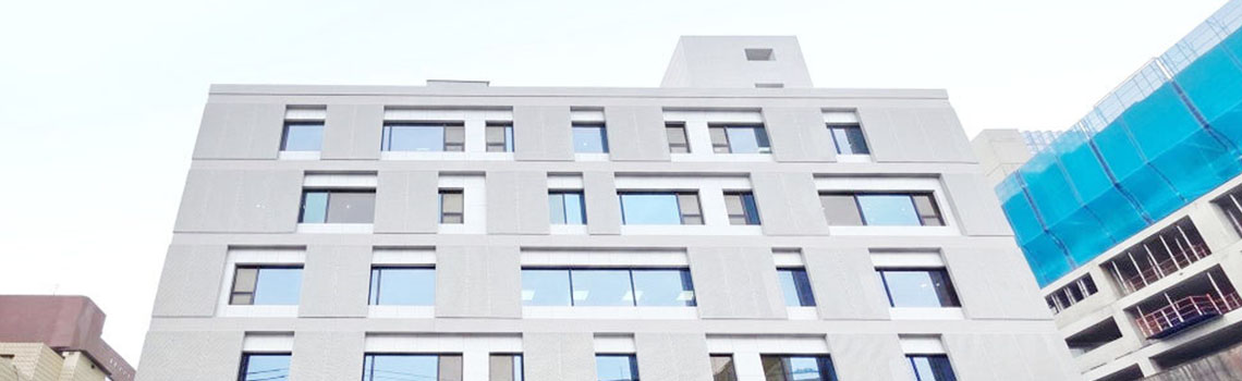 Zyxel Nebula case study: a modern multi-story office building with a grey-textured facade and asymmetrical windows in Korea.